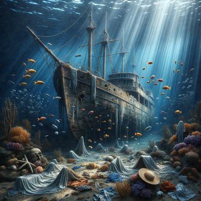 The primary subject of the image is a large shipwrecked ship, which is surrounded by a variety of fish and other marine life. The ship is situated in a body of water, possibly the ocean, and the scene is set against a backdrop of the underwater environment. The visual style of the image is a combination of digital art and illustration, creating a vivid and detailed representation of the shipwreck. The colors and mood of the image are predominantly dark and moody, with the shipwreck and the